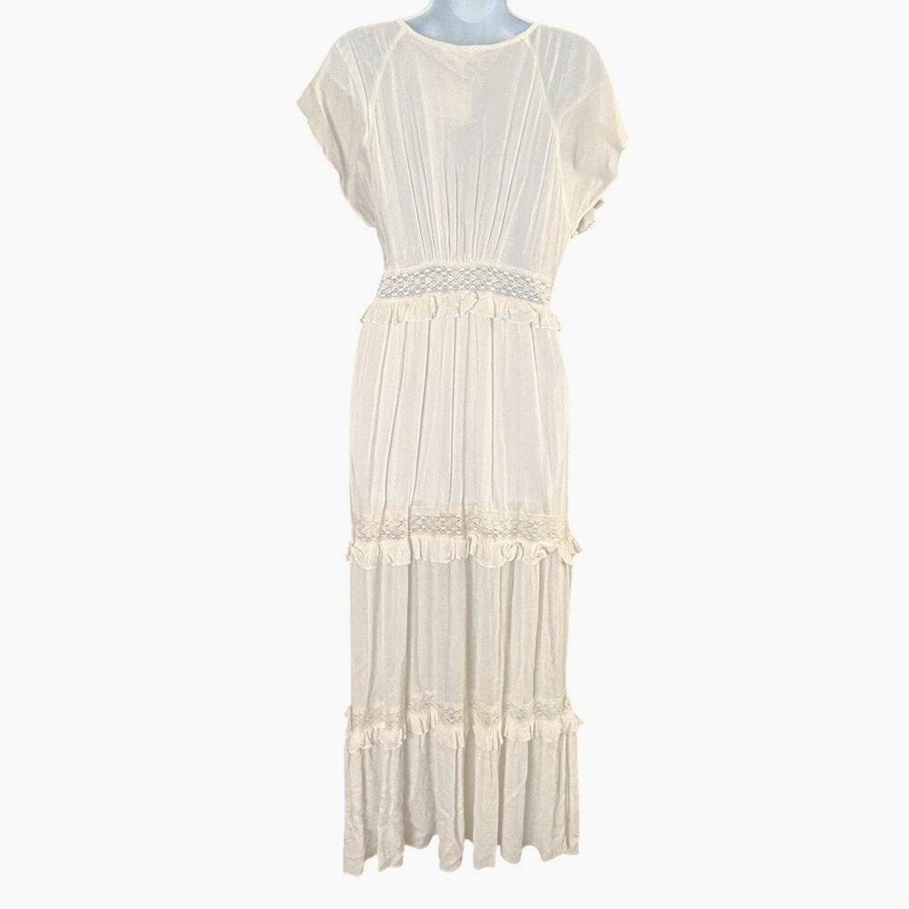 MABLE Crochet Lace Tiered Maxi Dress Womens S/M Ivory Beach Bride Boho Flowy NEW - Picture 6 of 8